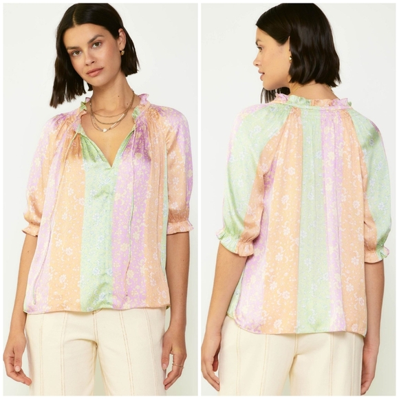 CURRENT AIR Anthropologie Color Block Floral Short Sleeves Relaxed Fit Blouse - Picture 7 of 7